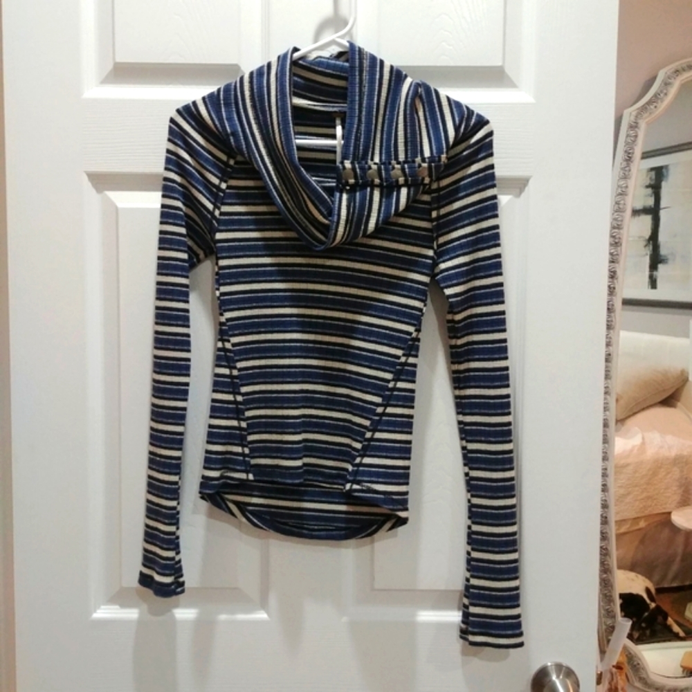 Free People Striped Cowl Neck Long Sleeve Top in Blue, Cream, and Black